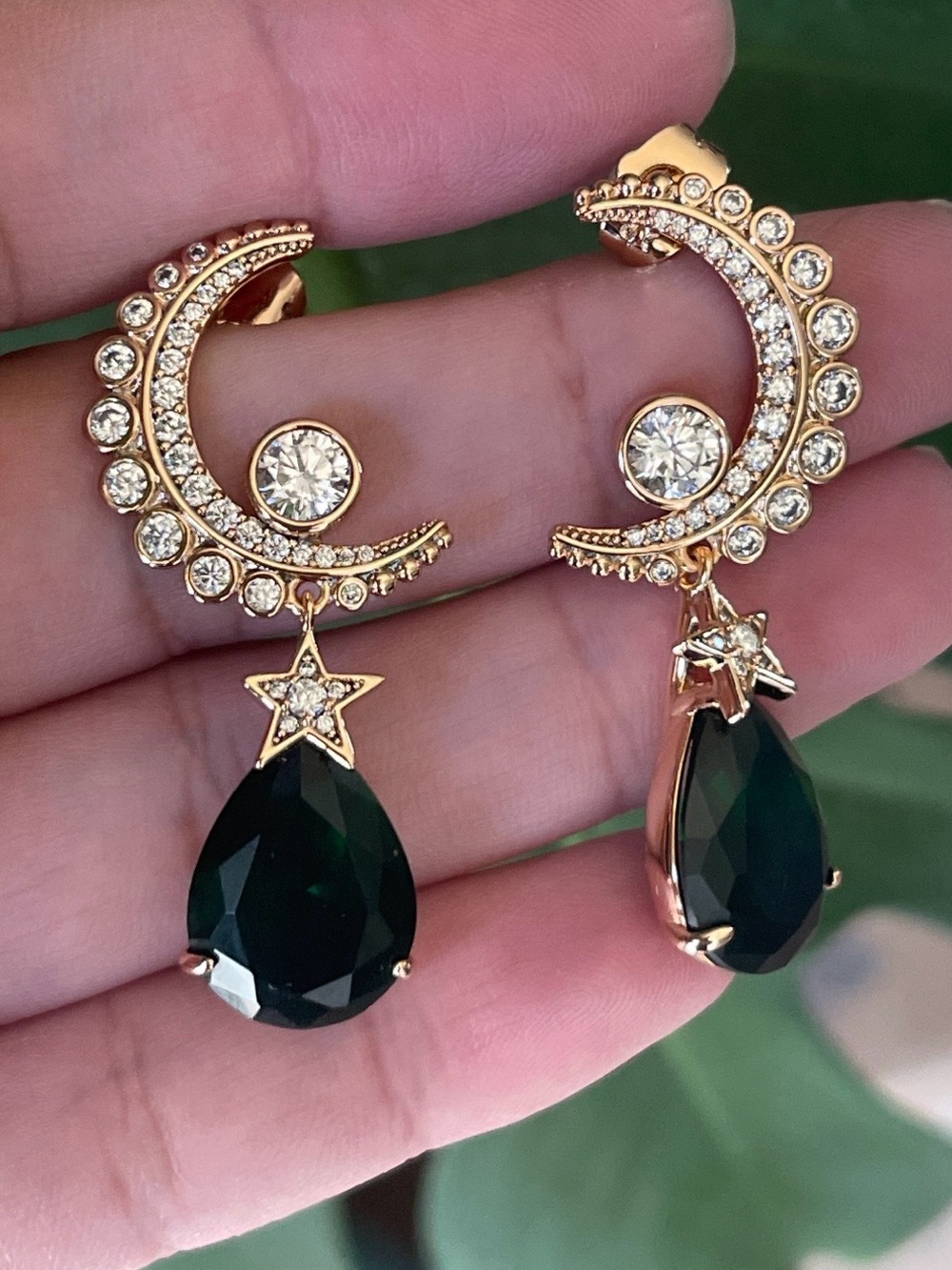 Half Moon Drop Earrings with Emerald Green Teardrops